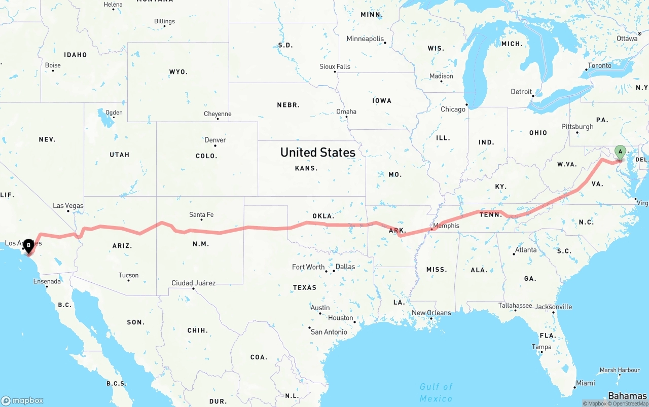 Shipping route from Washington D.C. to John Wayne Airport — Orange County