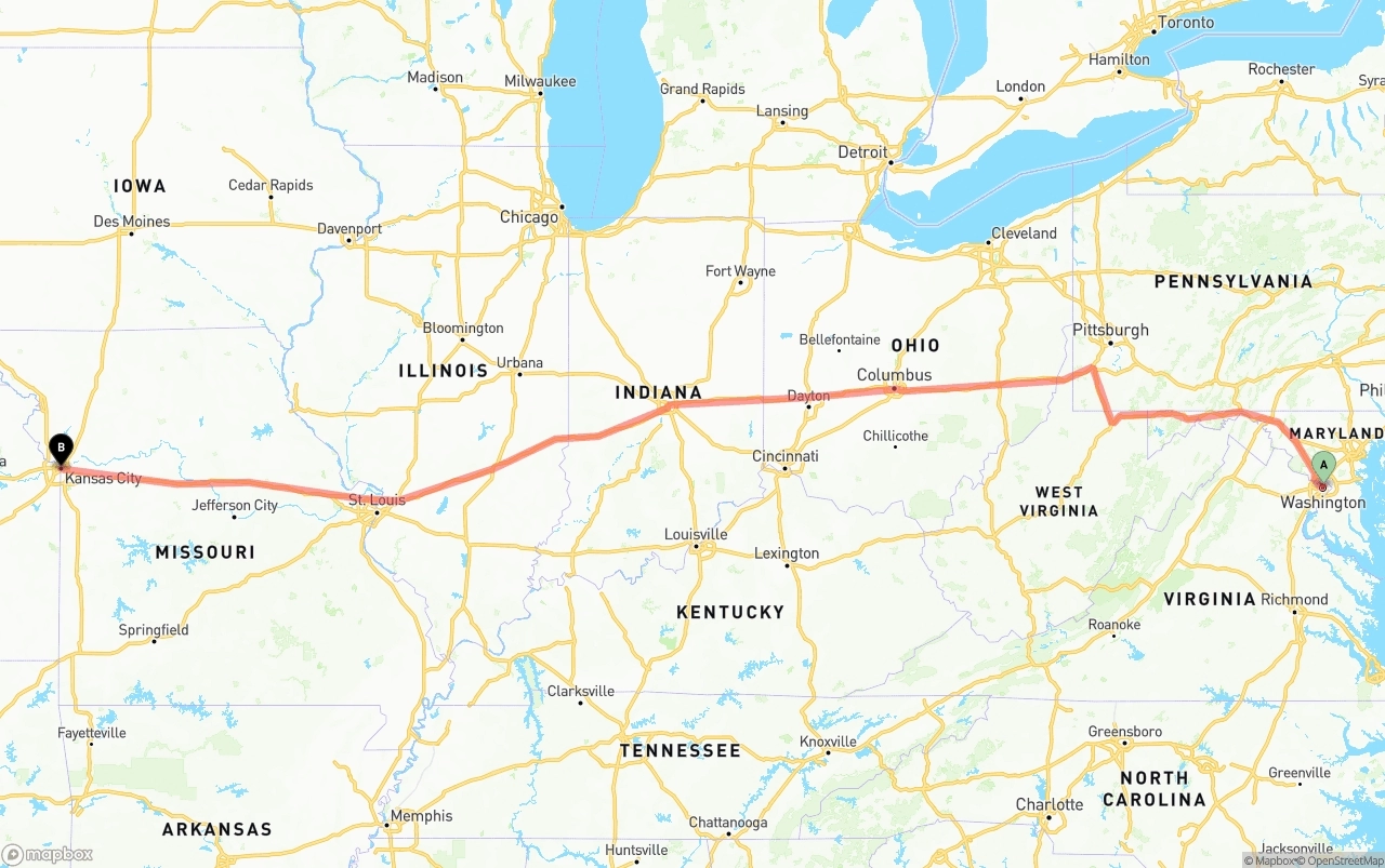 Shipping route from Washington D.C. to Kansas City