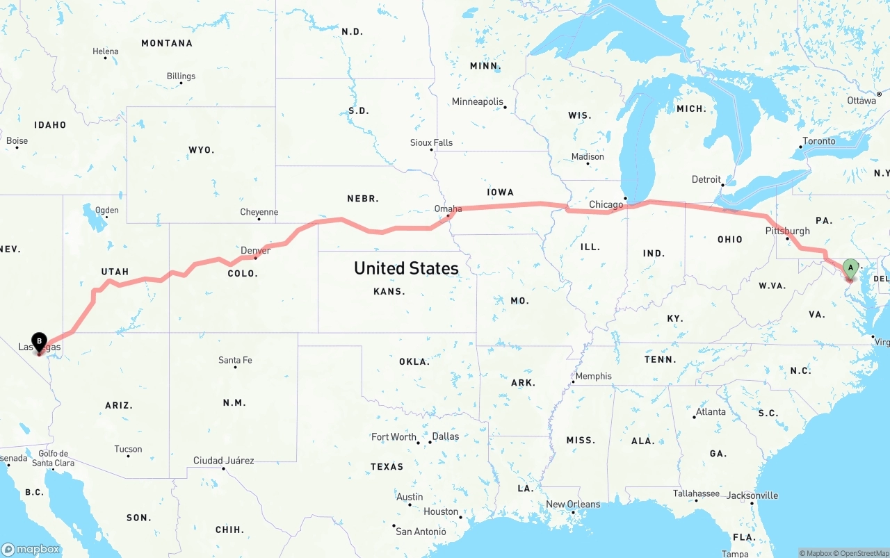 Shipping route from Washington D.C. to Las Vegas