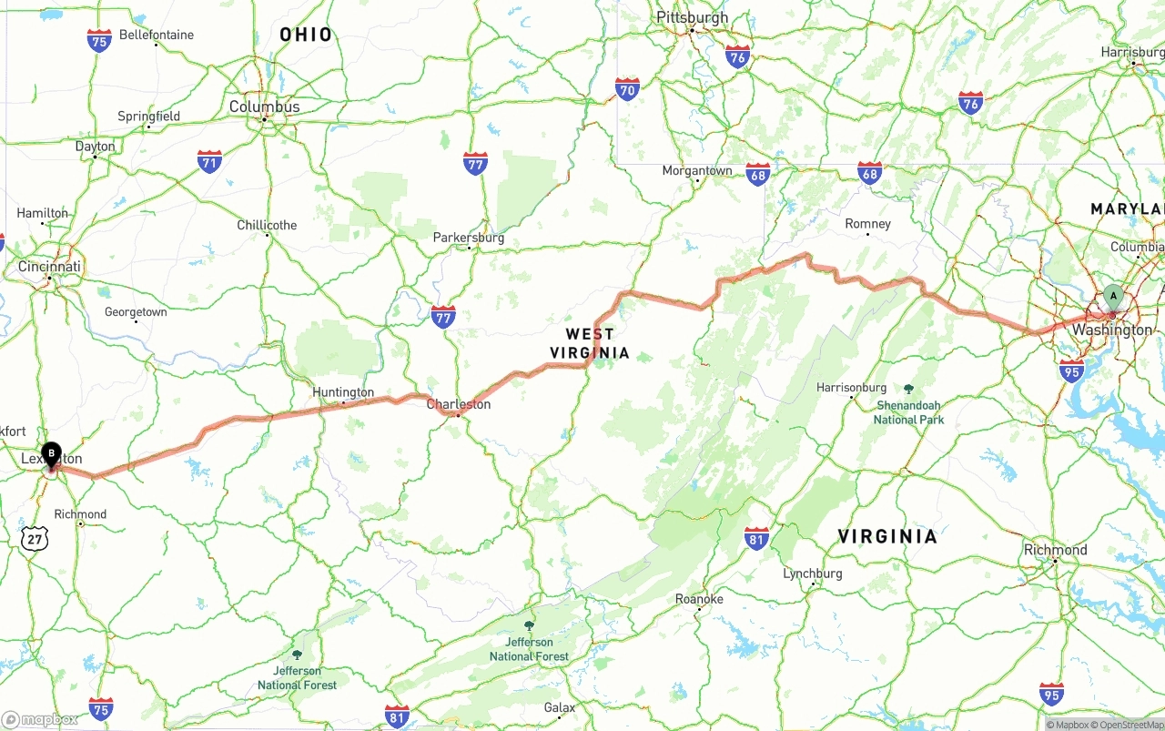 Shipping route from Washington D.C. to Lexington