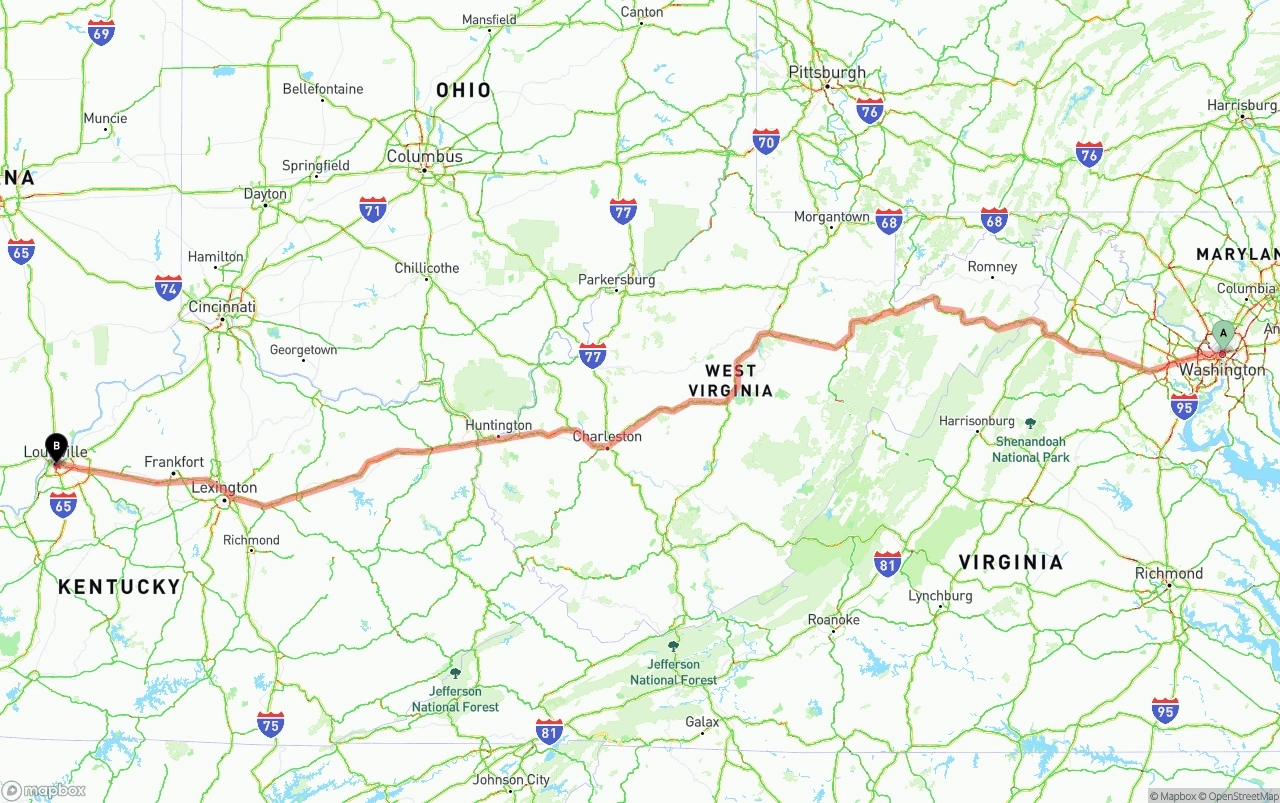Shipping route from Washington D.C. to Louisville