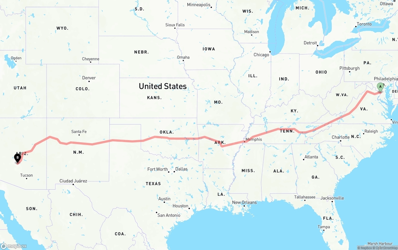 Shipping route from Washington D.C. to Mesa
