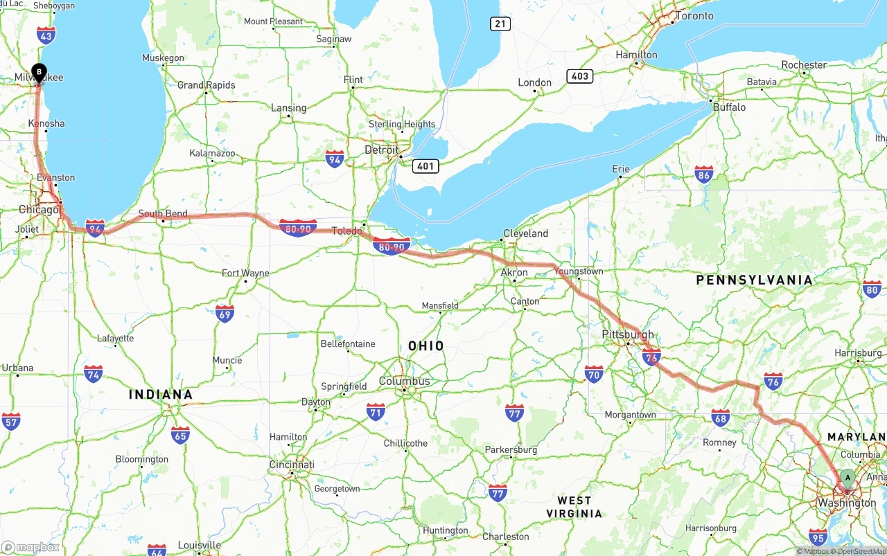 Shipping route from Washington D.C. to Milwaukee