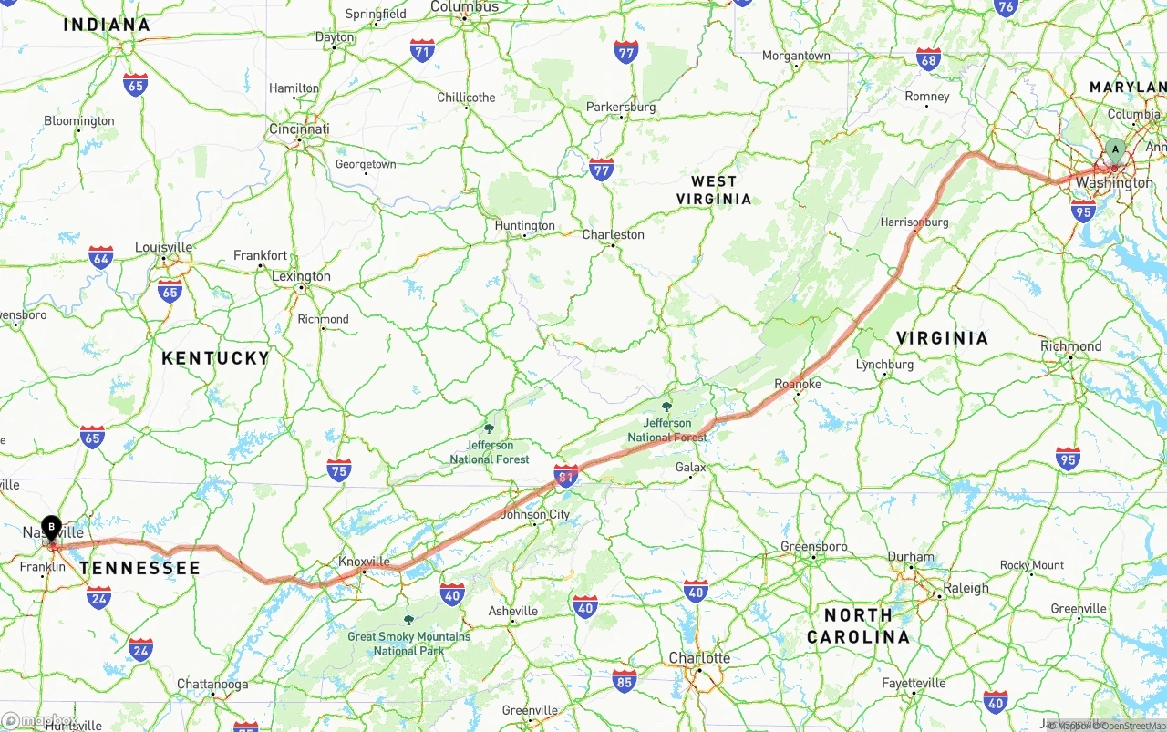 Shipping route from Washington D.C. to Nashville