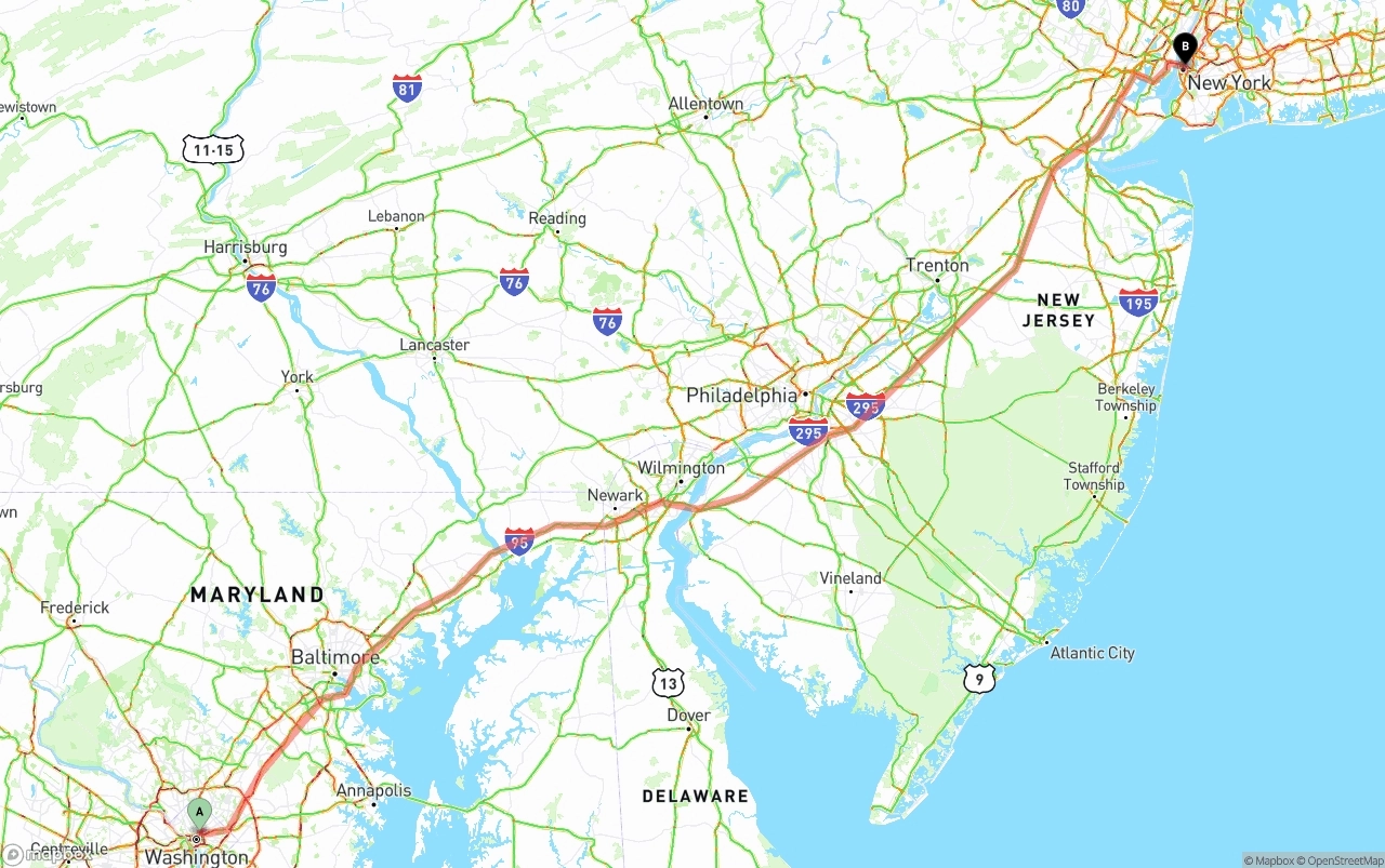 Shipping route from Washington D.C. to New York City