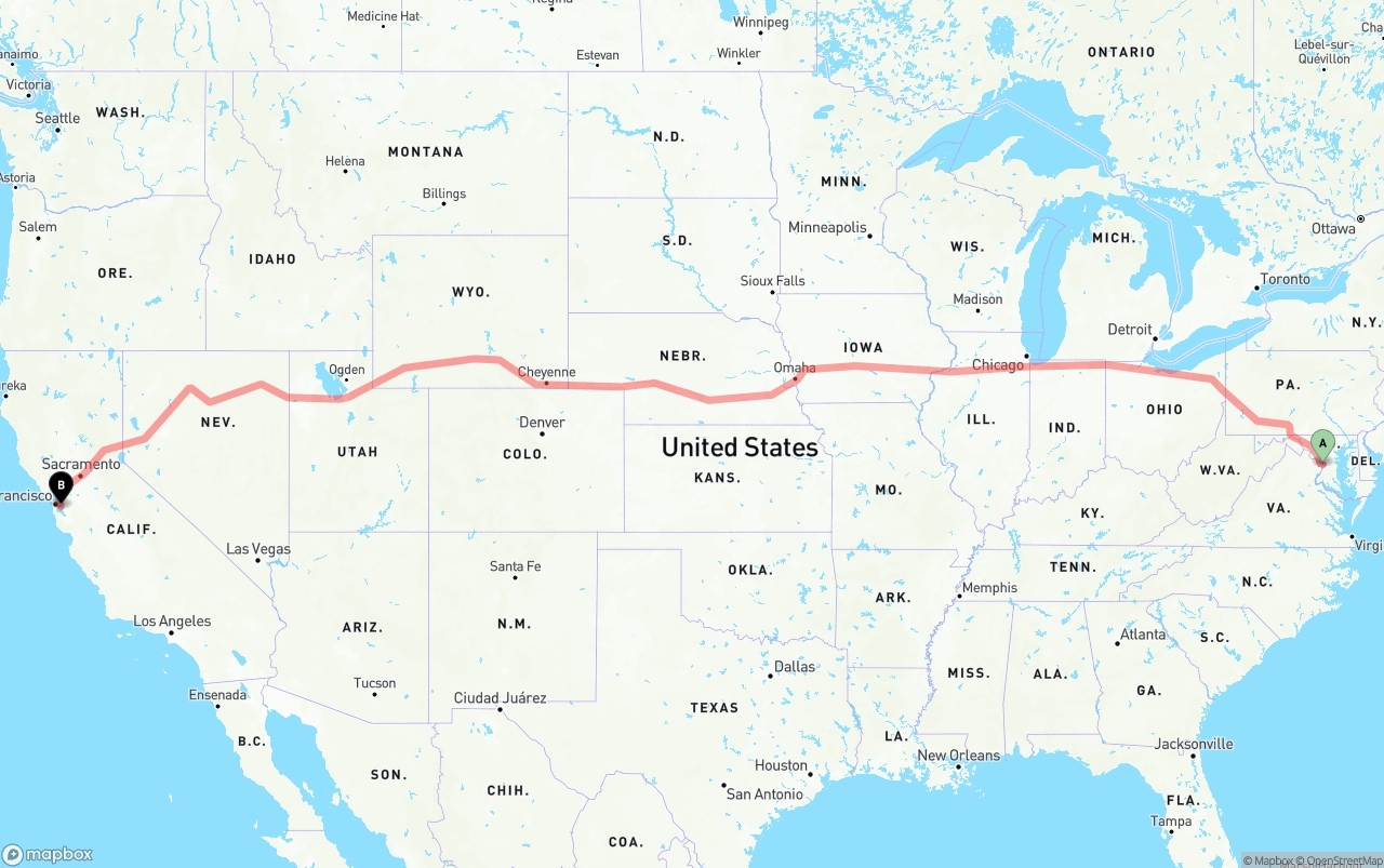 Shipping route from Washington D.C. to Oakland International Airport