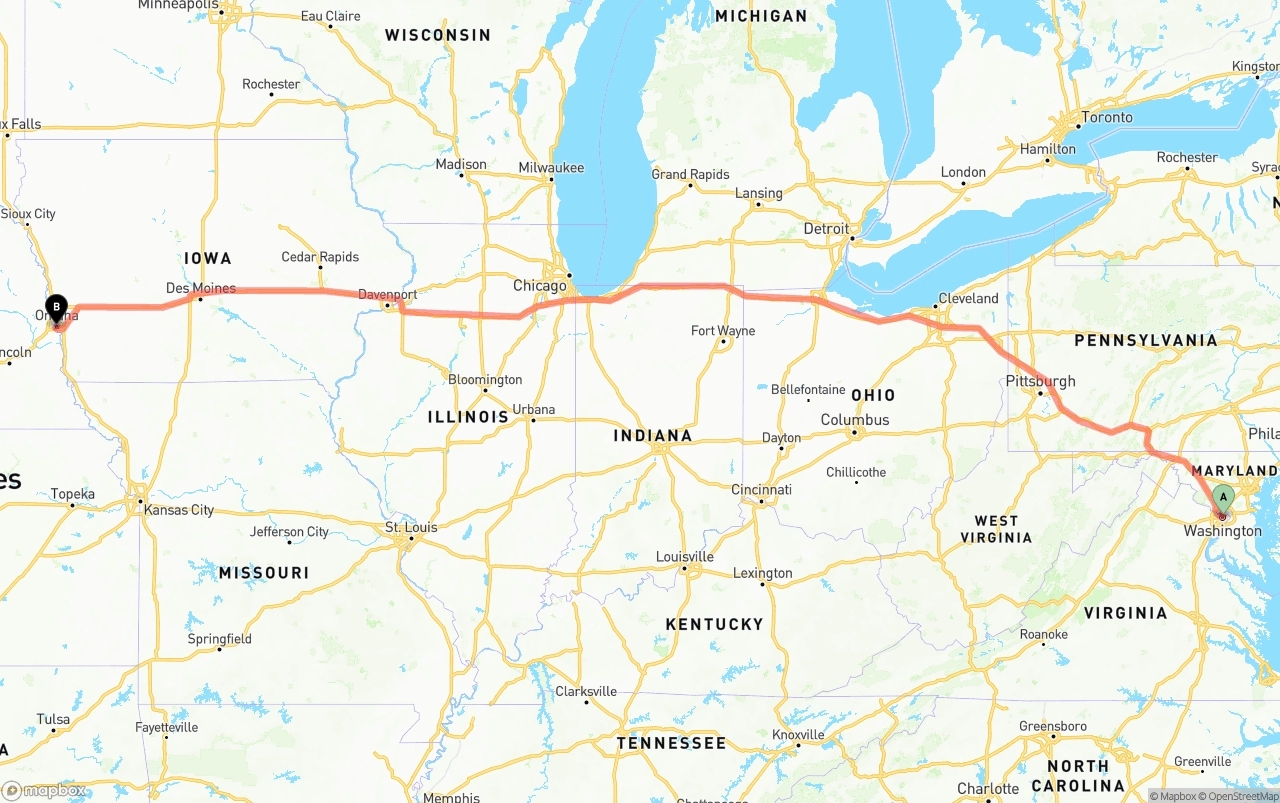 Shipping route from Washington D.C. to Omaha