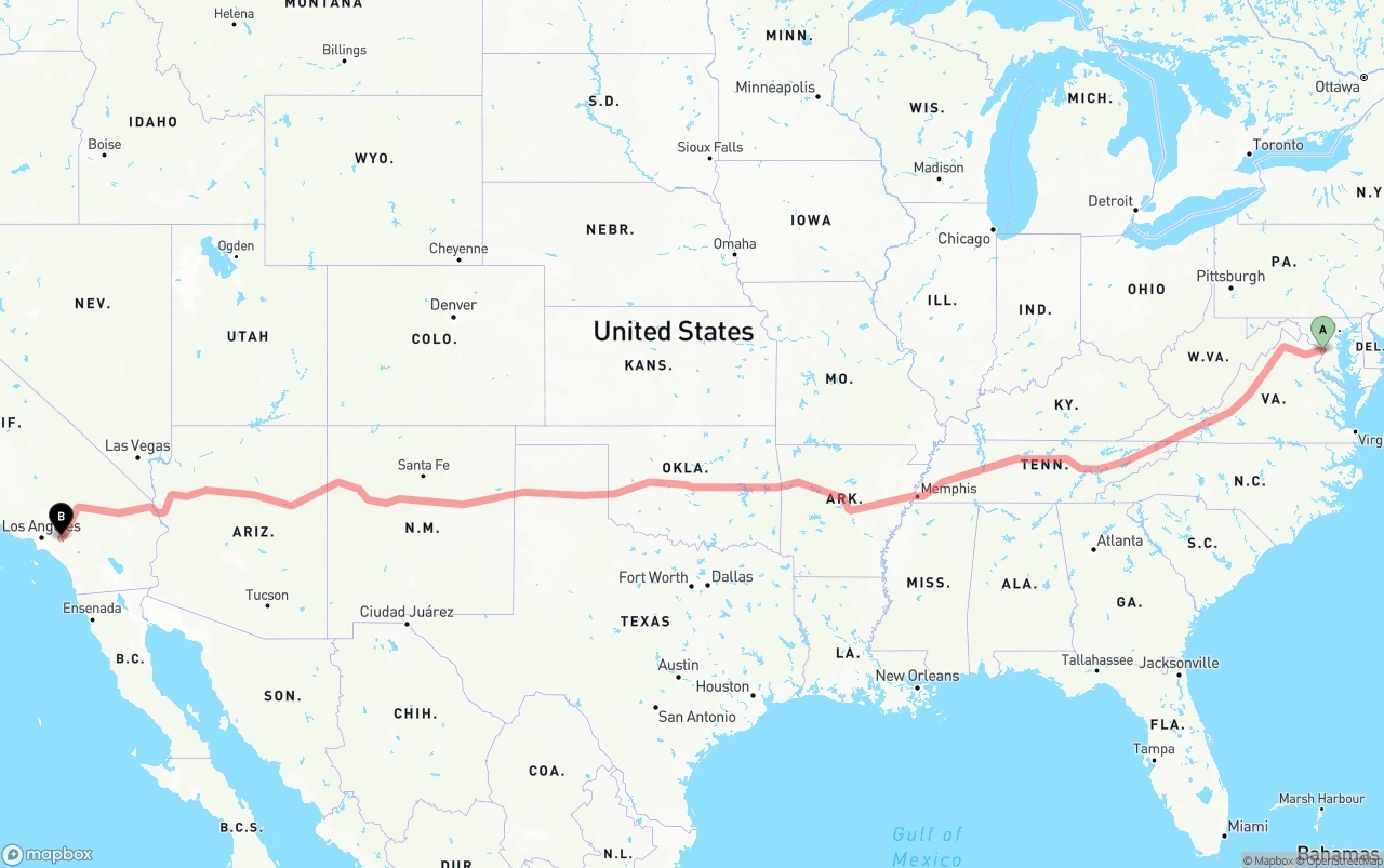 Shipping route from Washington D.C. to Ontario International Airport