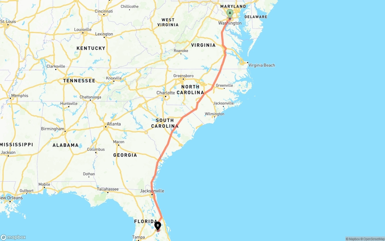 Shipping route from Washington D.C. to Orlando International Airport