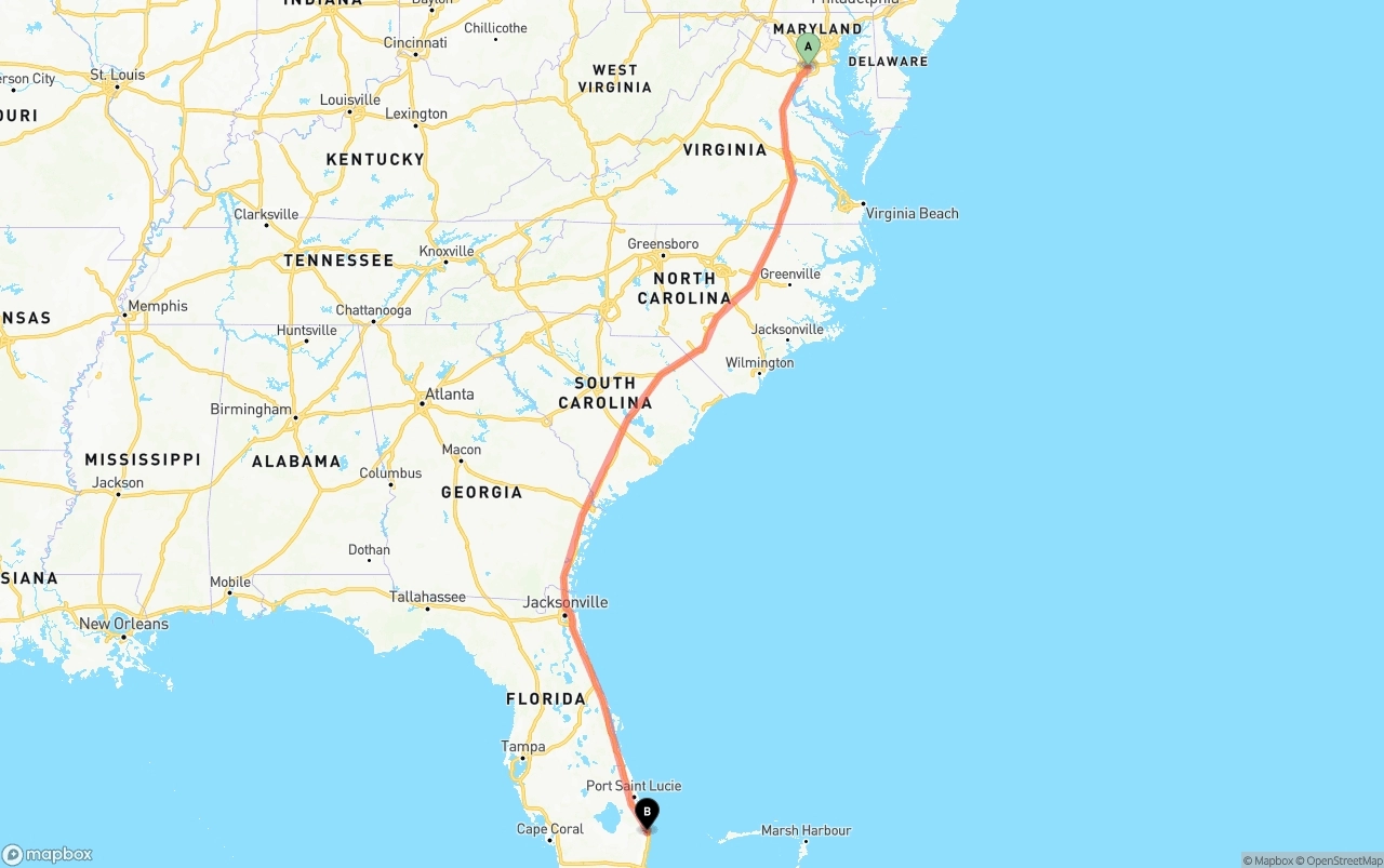 Shipping route from Washington D.C. to Palm Beach International Airport