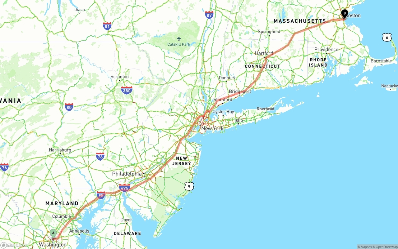Shipping route from Washington D.C. to Port of Boston
