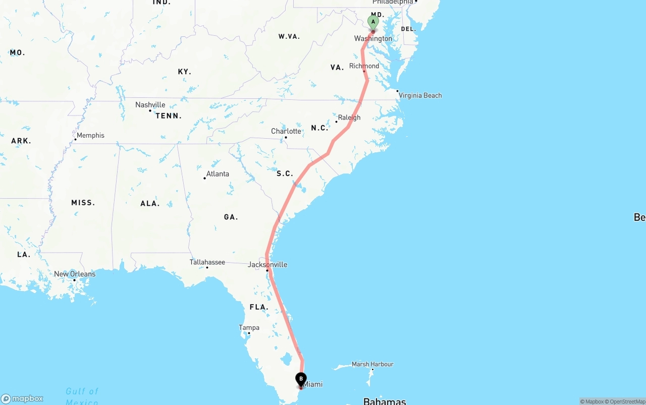 Shipping route from Washington D.C. to Port of Miami