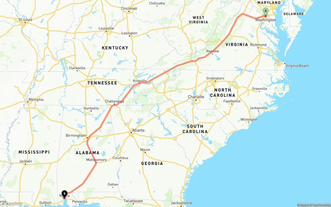 Shipping route from Washington D.C. to Port of Mobile