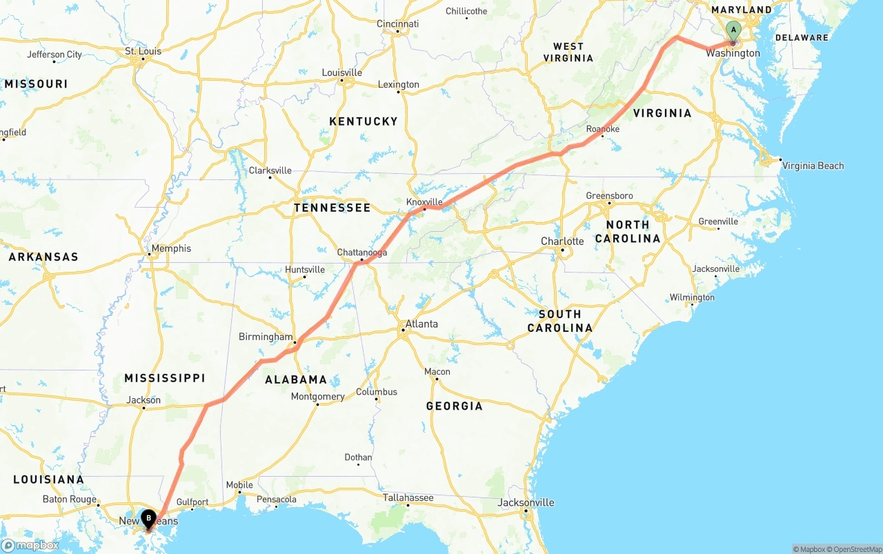 Shipping route from Washington D.C. to Port of New Orleans