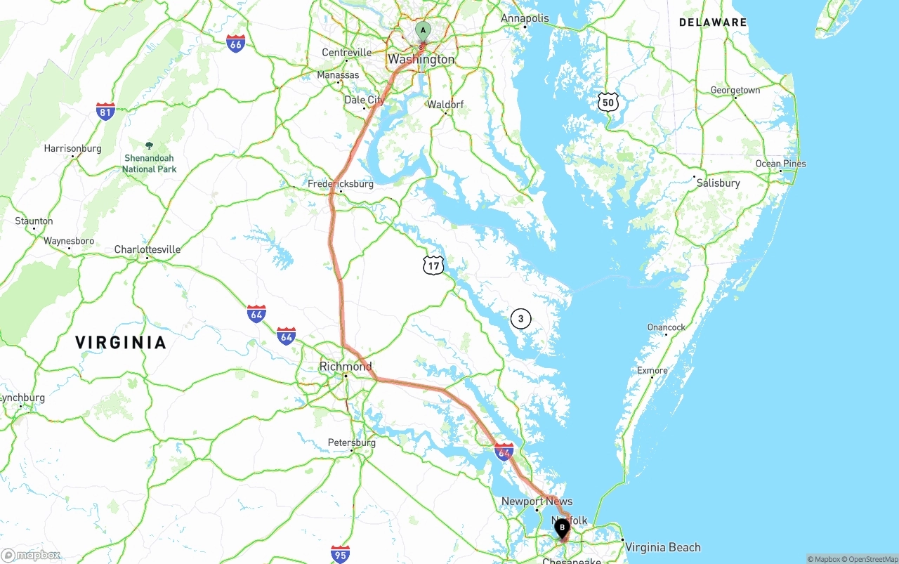 Shipping route from Washington D.C. to Port of Norfolk