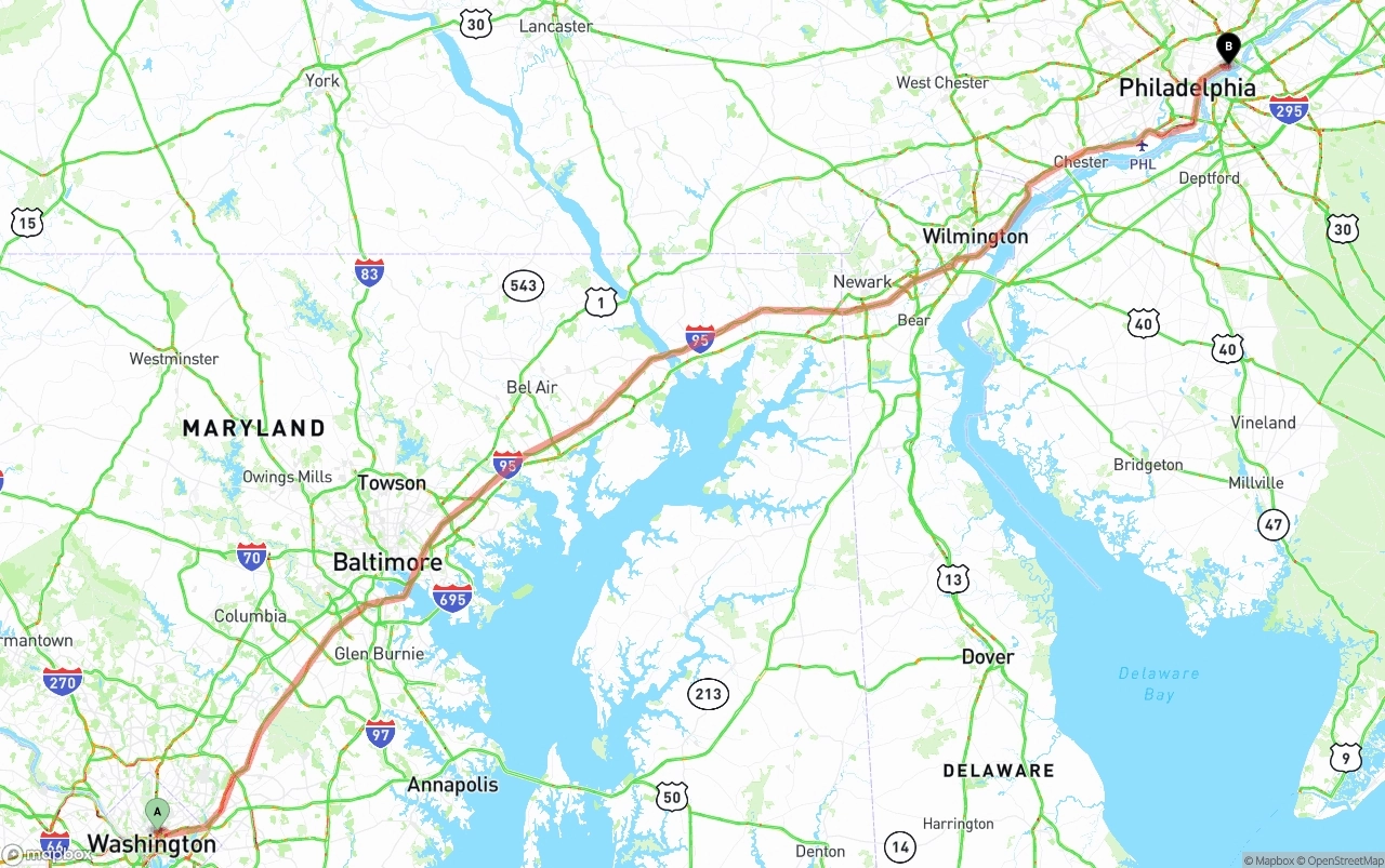 Shipping route from Washington D.C. to Port of Philadelphia
