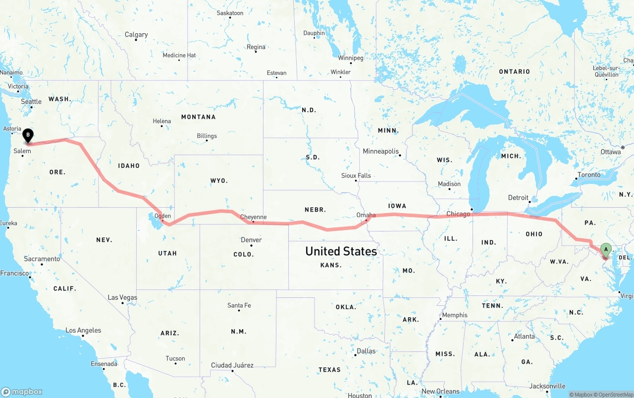 Shipping route from Washington D.C. to Port of Portland