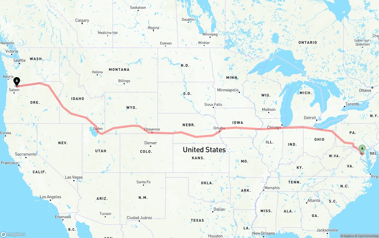 Shipping route from Washington D.C. to Portland