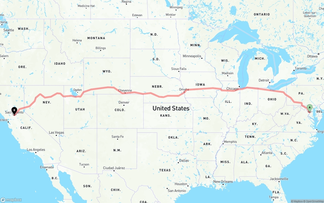 Shipping route from Washington D.C. to Sacramento