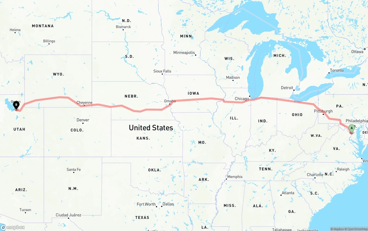 Shipping route from Washington D.C. to Salt Lake City