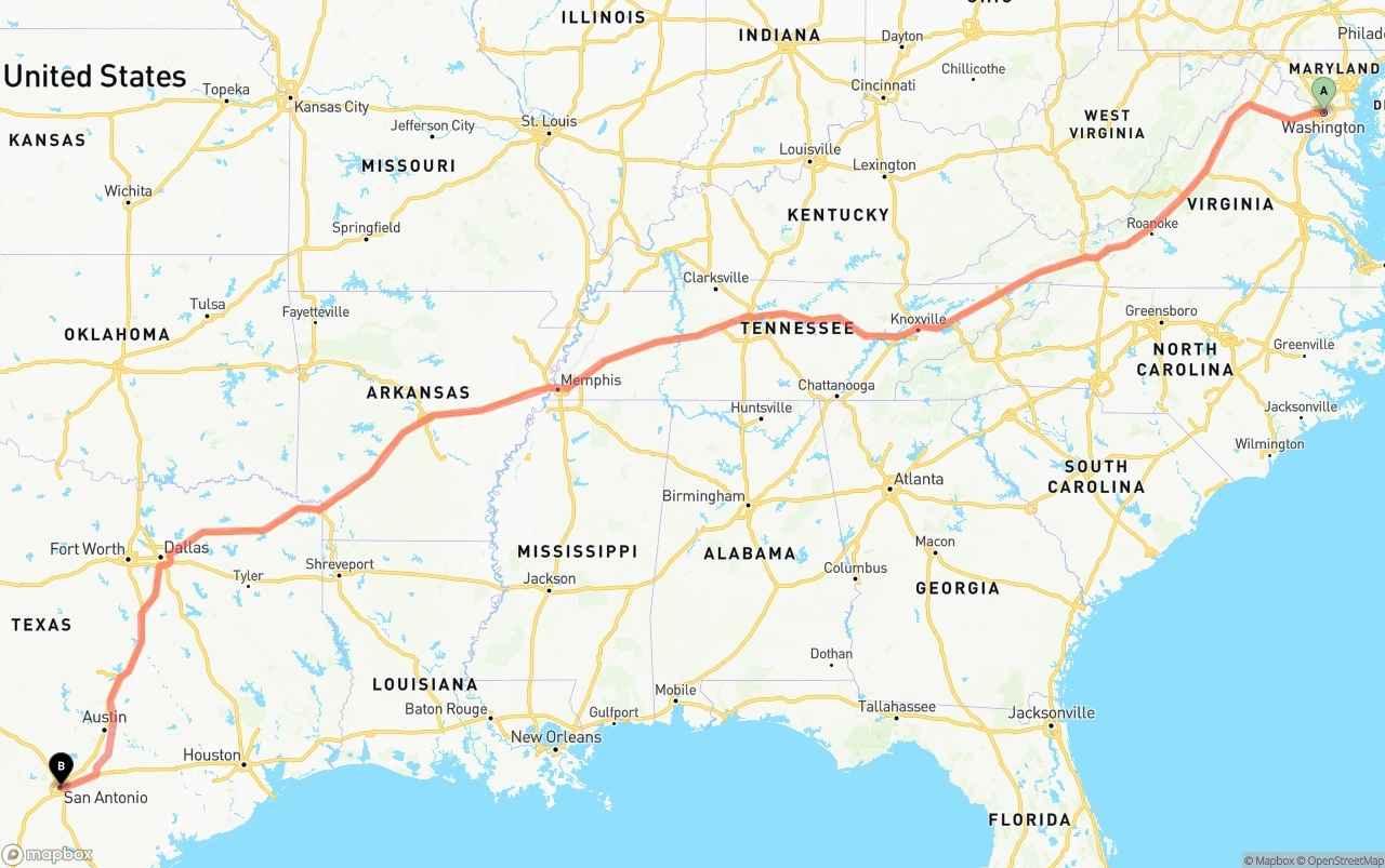 Shipping route from Washington D.C. to San Antonio