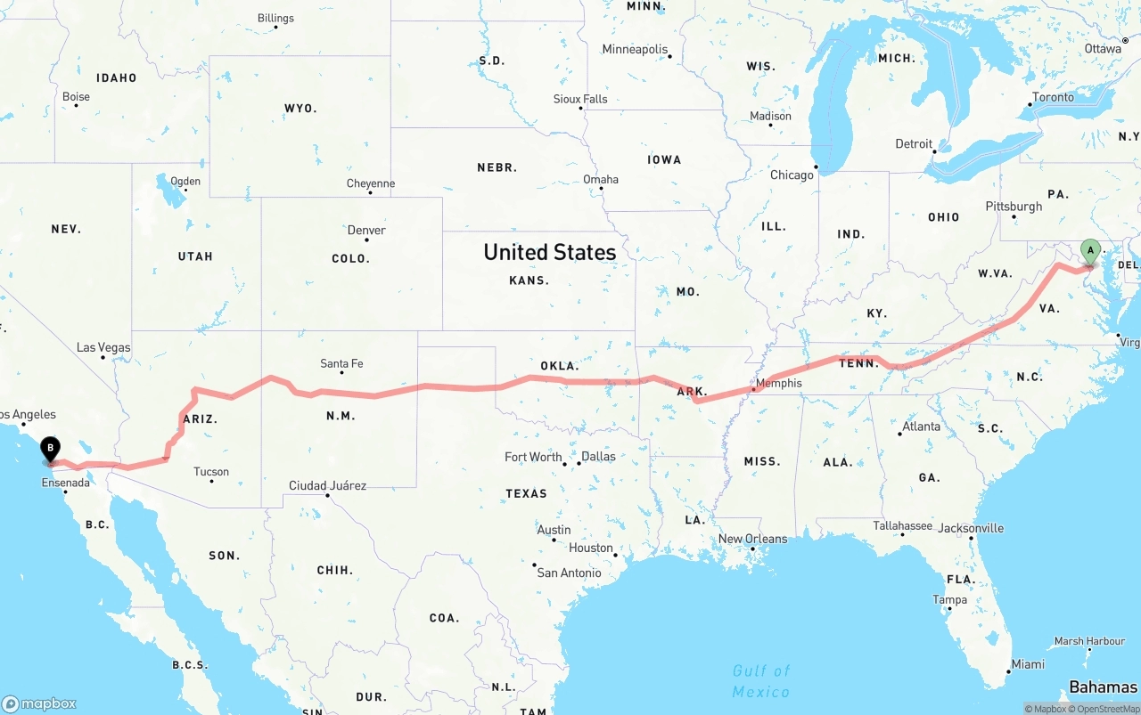 Shipping route from Washington D.C. to San Diego International Airport