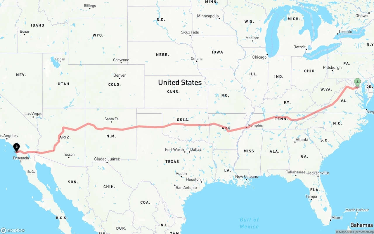 Shipping route from Washington D.C. to San Diego
