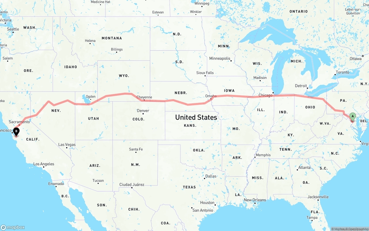 Shipping route from Washington D.C. to San Jose