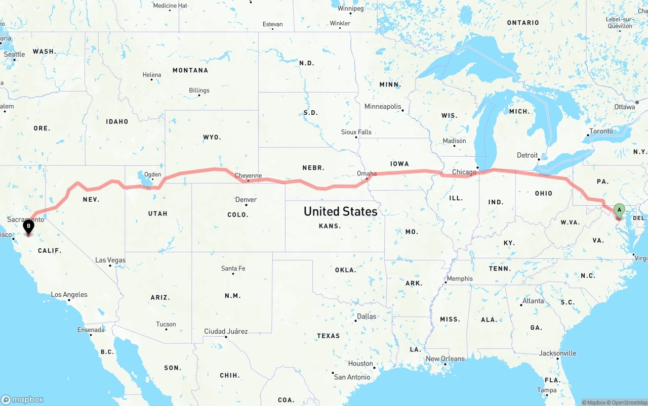 Shipping route from Washington D.C. to Stockton