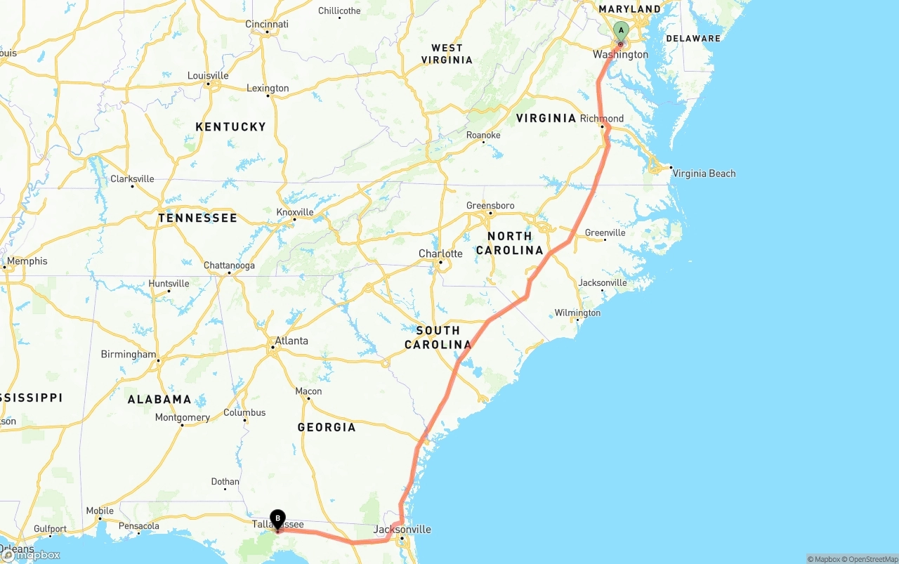 Shipping route from Washington D.C. to Tallahassee