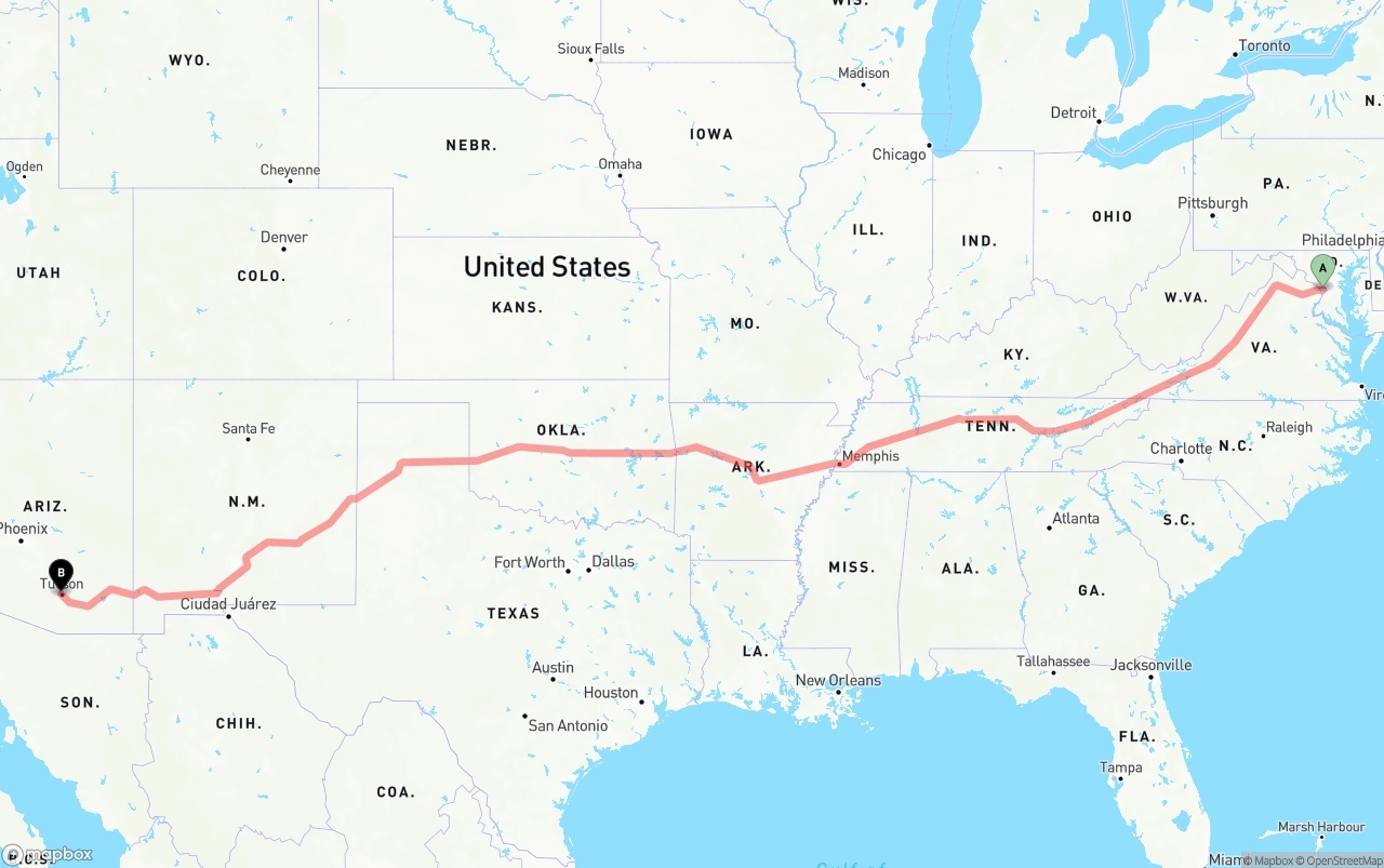 Shipping route from Washington D.C. to Tucson
