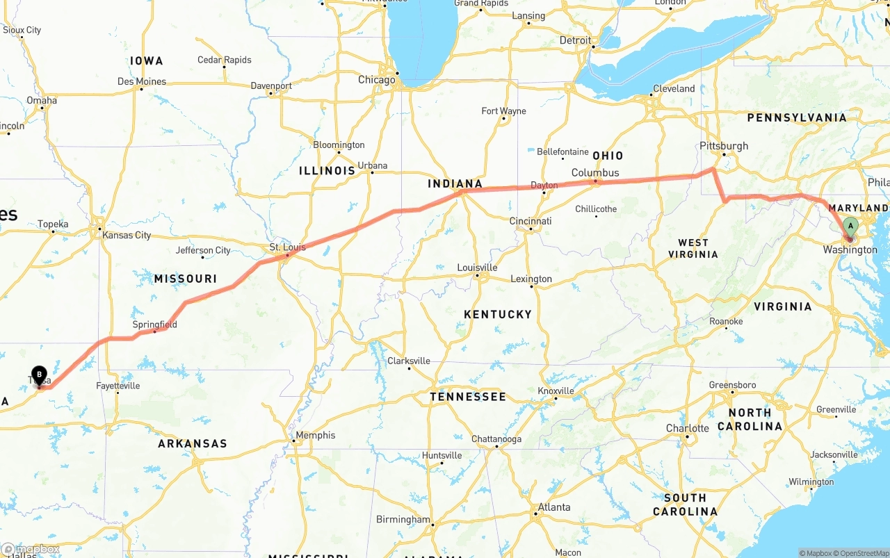 Shipping route from Washington D.C. to Tulsa