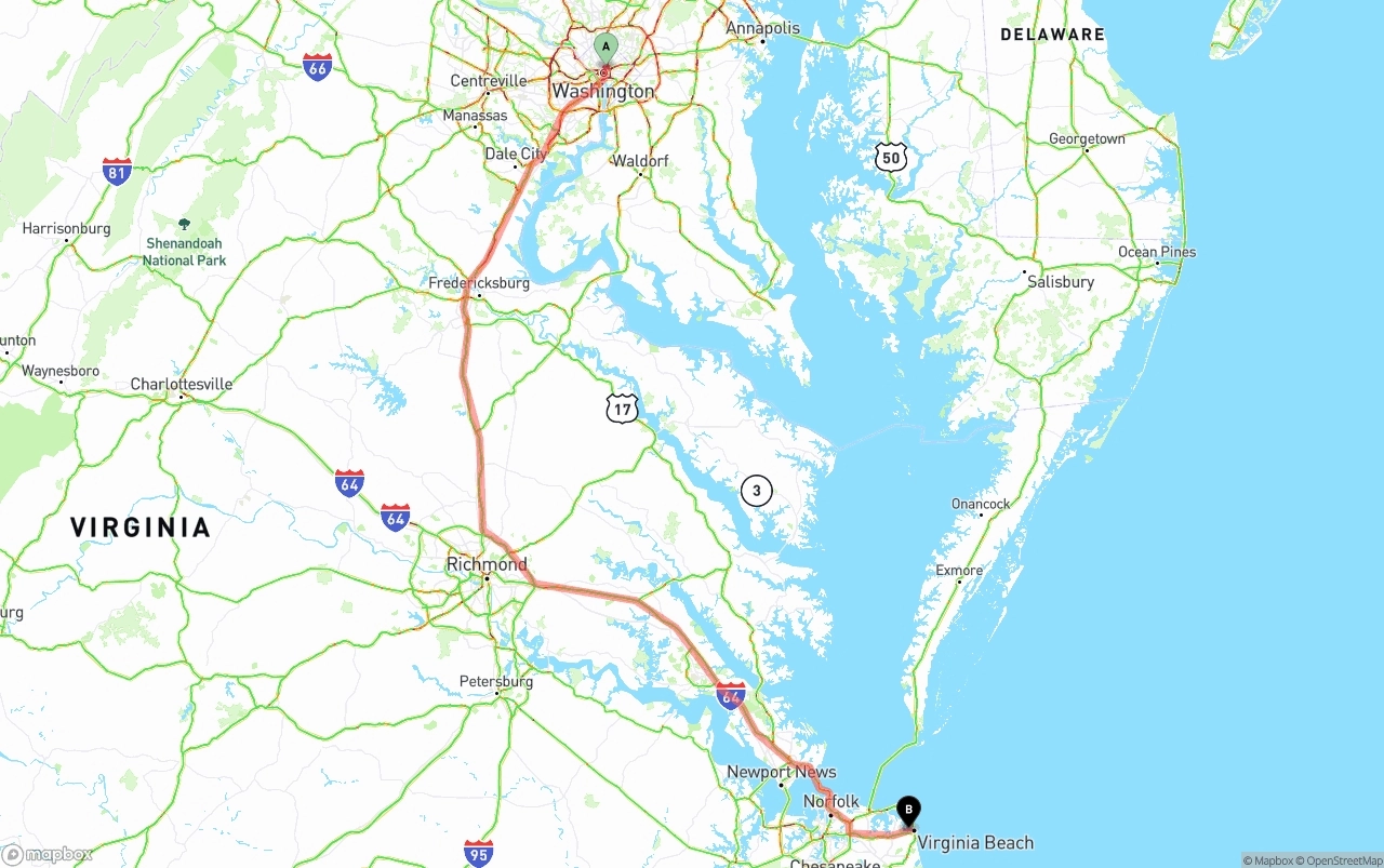 Shipping route from Washington D.C. to Virginia Beach