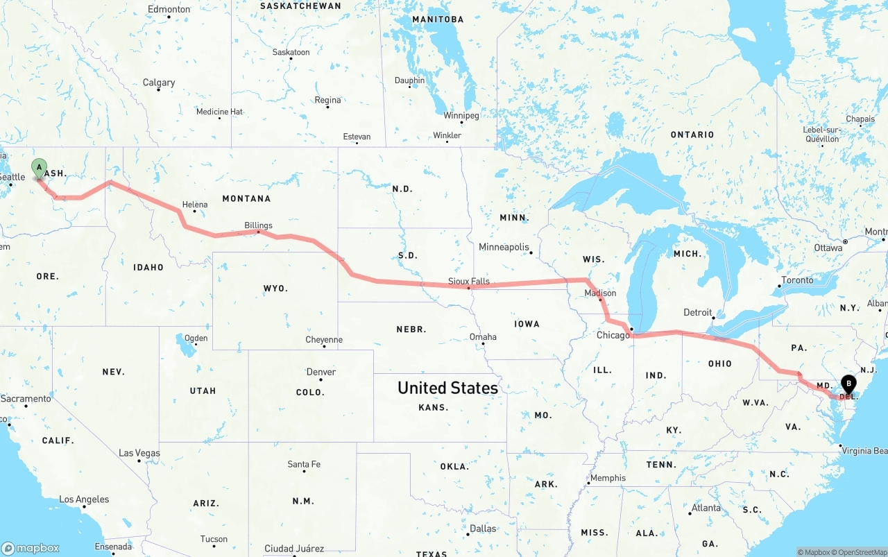 Shipping route from Washington to Delaware