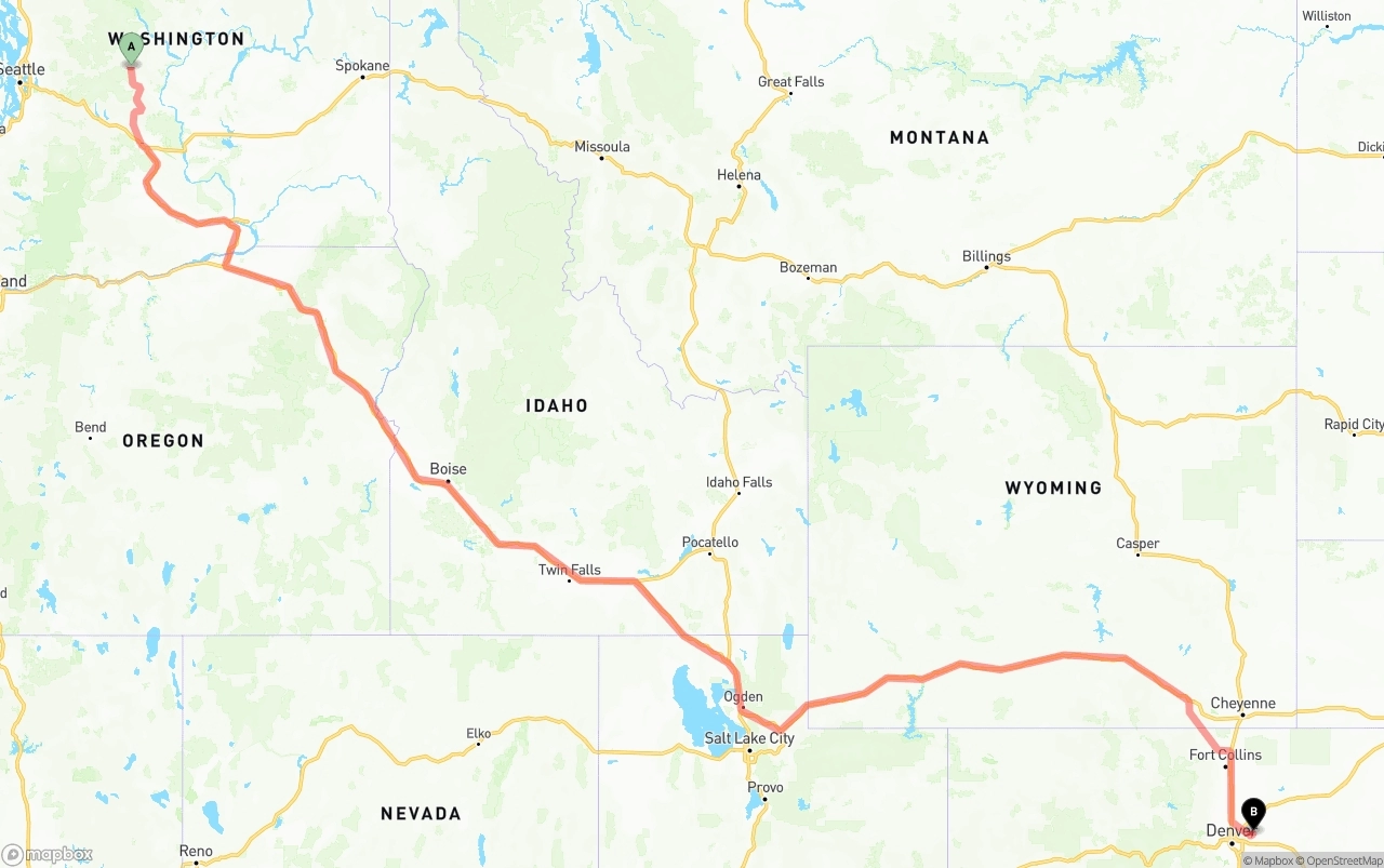 Shipping route from Washington to Denver International Airport