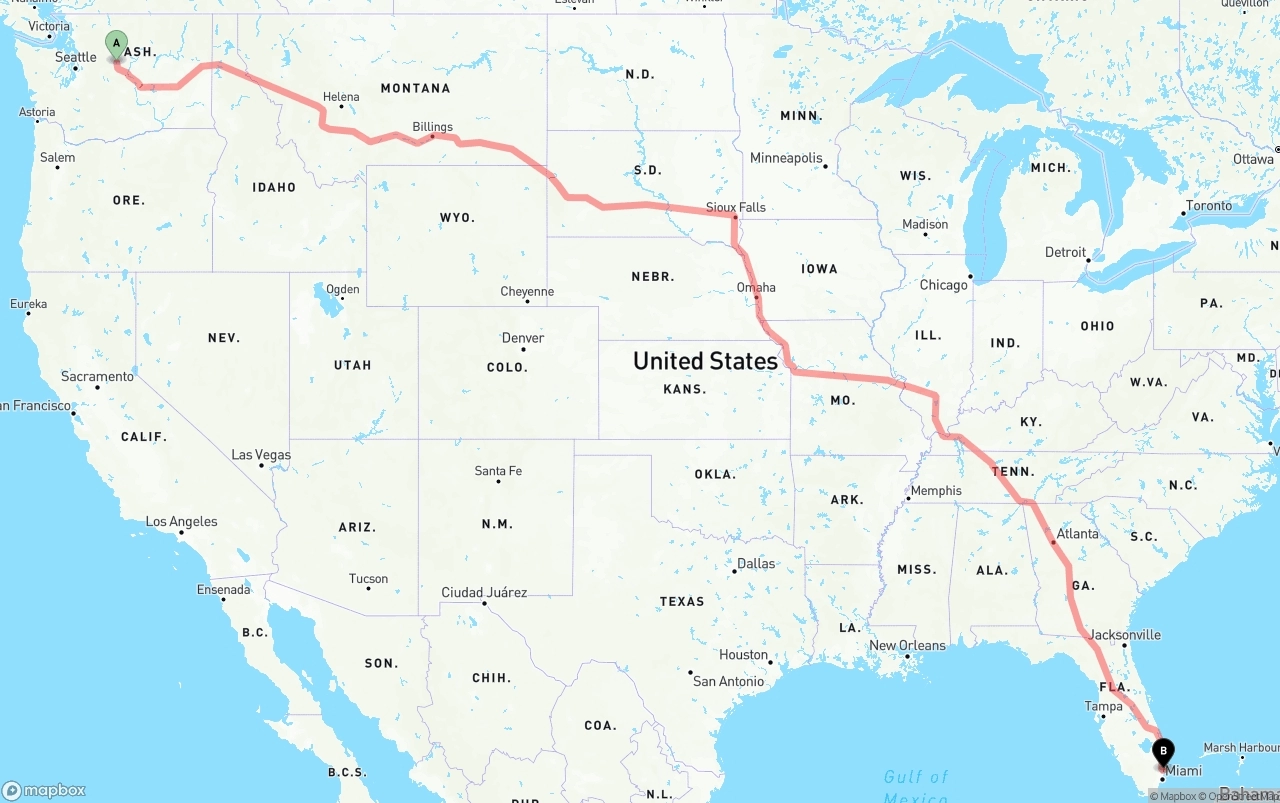 Shipping route from Washington to Fort Lauderdale-Hollywood International Airport