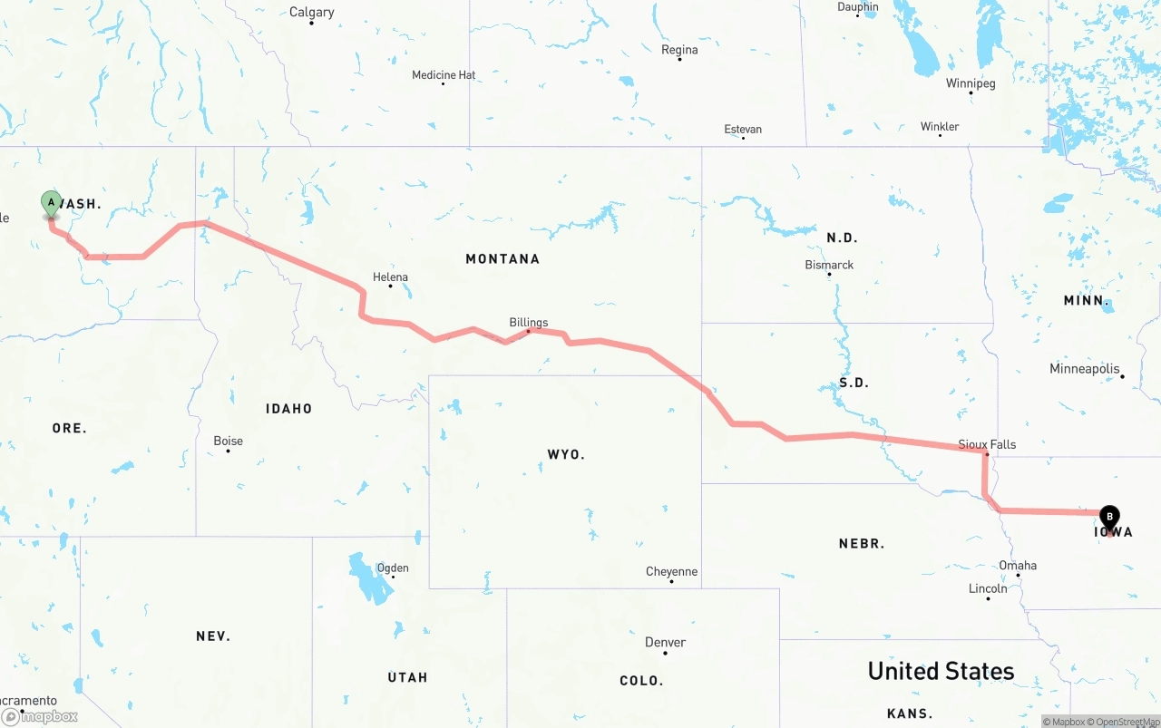 Shipping route from Washington to Iowa