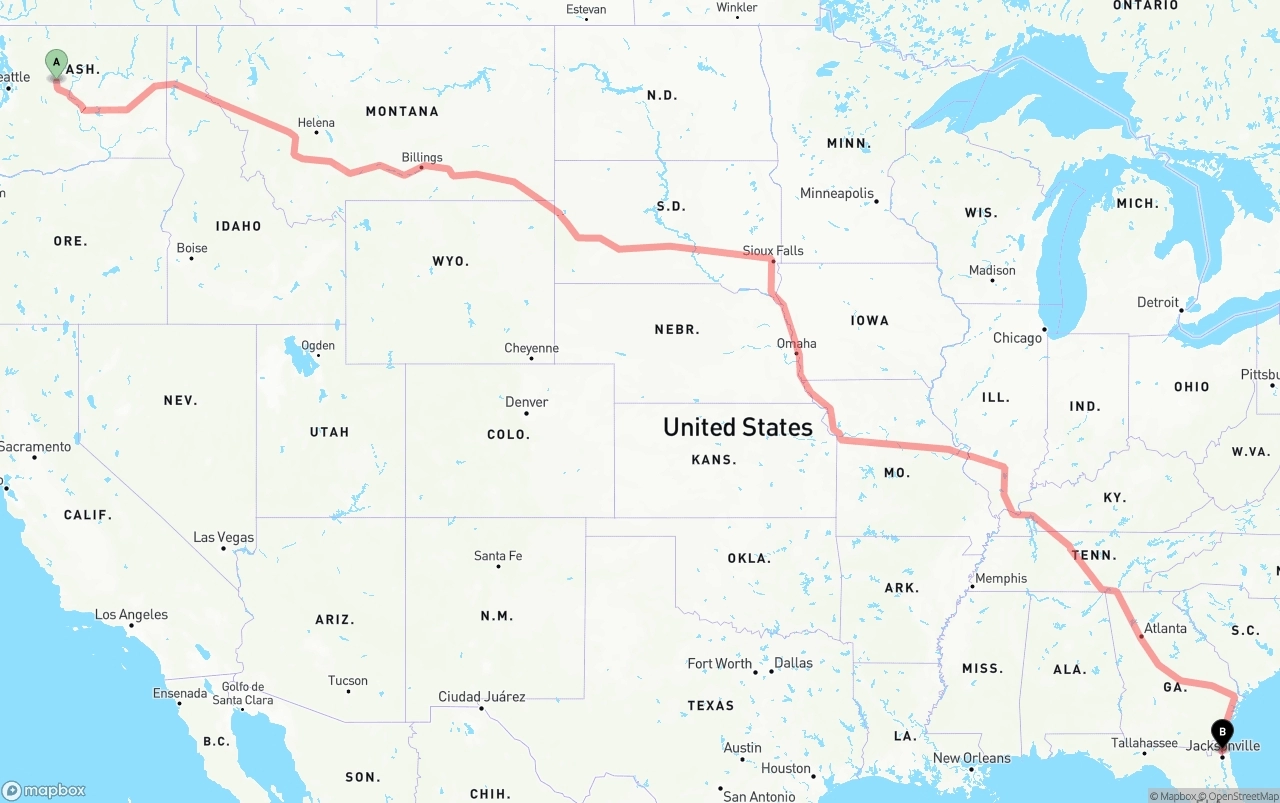 Shipping route from Washington to Jacksonville International Airport