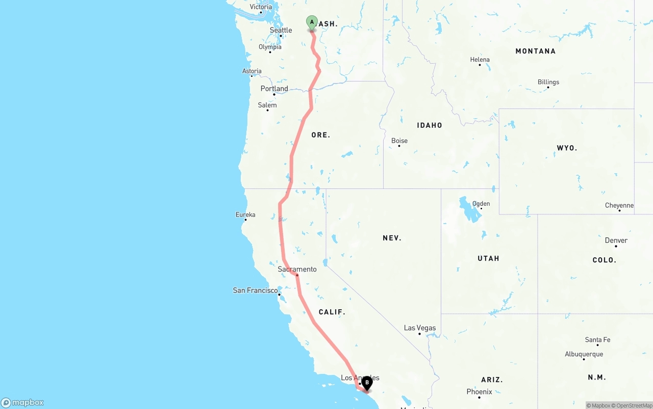 Shipping route from Washington to John Wayne Airport — Orange County