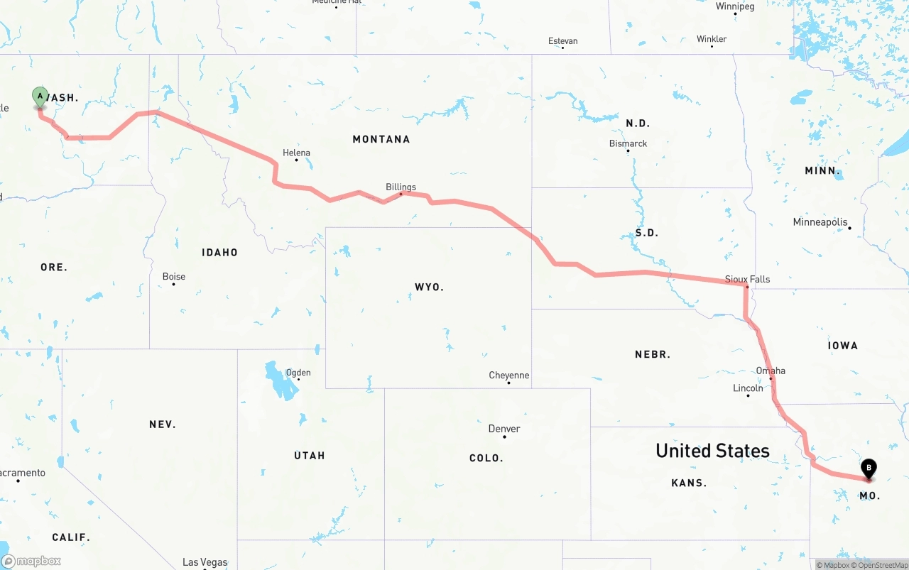 Shipping route from Washington to Missouri