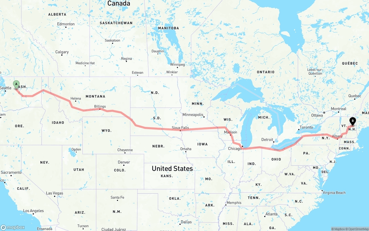 Shipping route from Washington to New Hampshire
