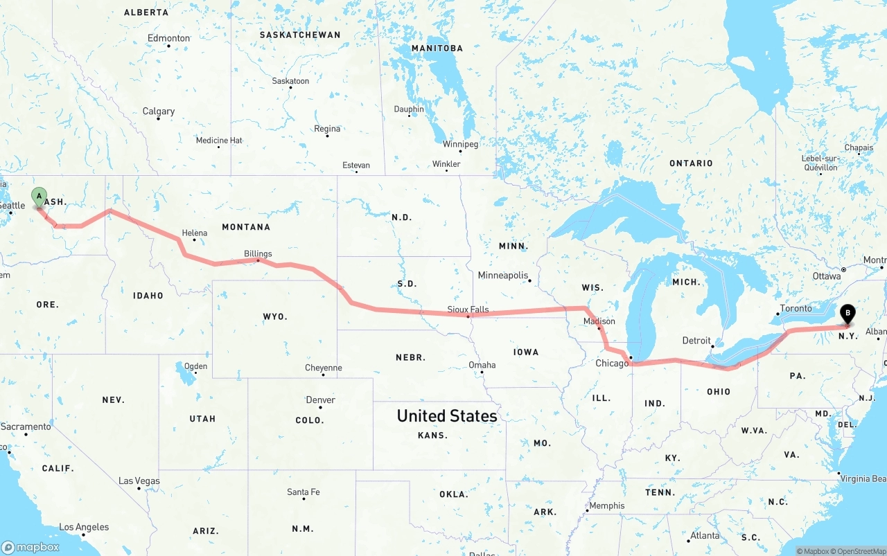 Shipping route from Washington to New York
