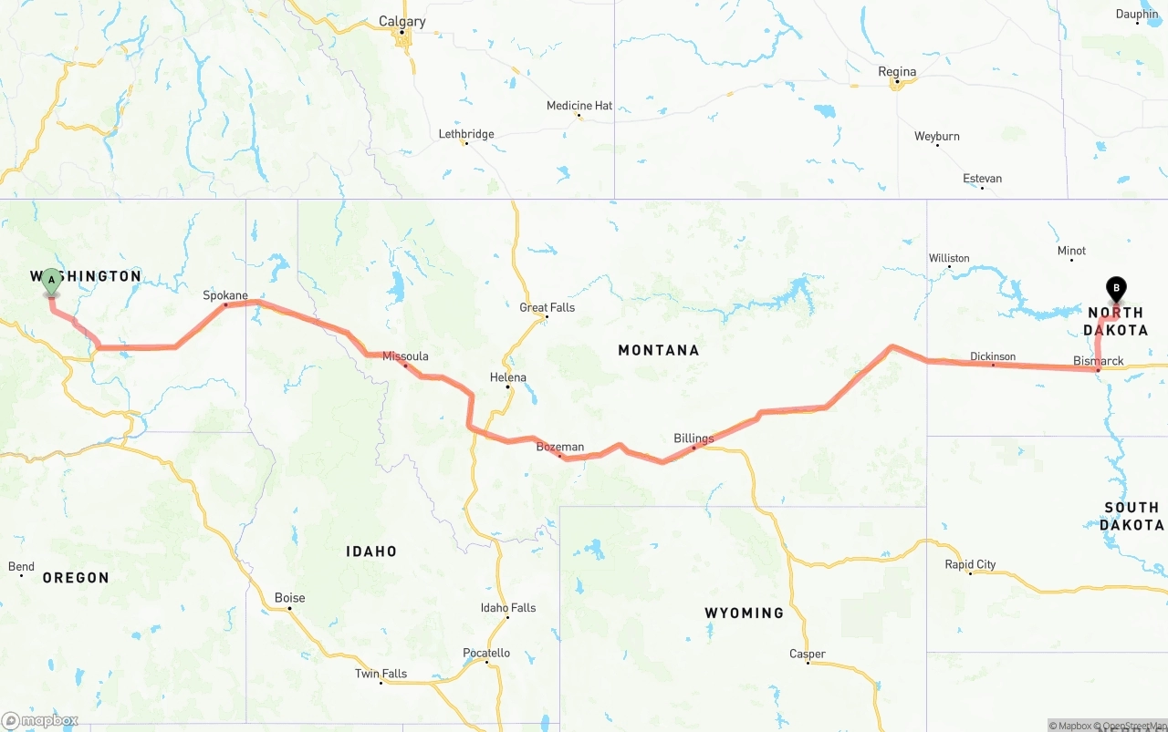 Shipping route from Washington to North Dakota