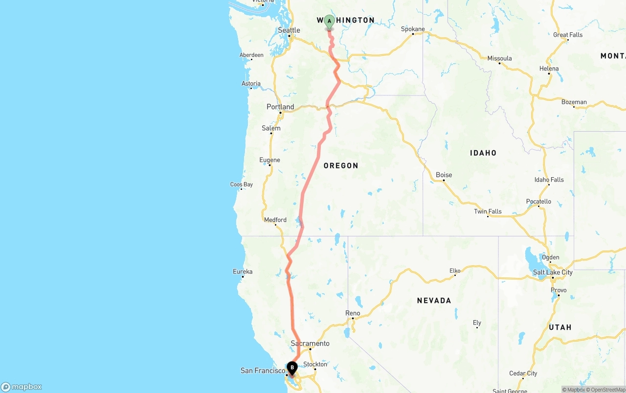 Shipping route from Washington to Oakland International Airport