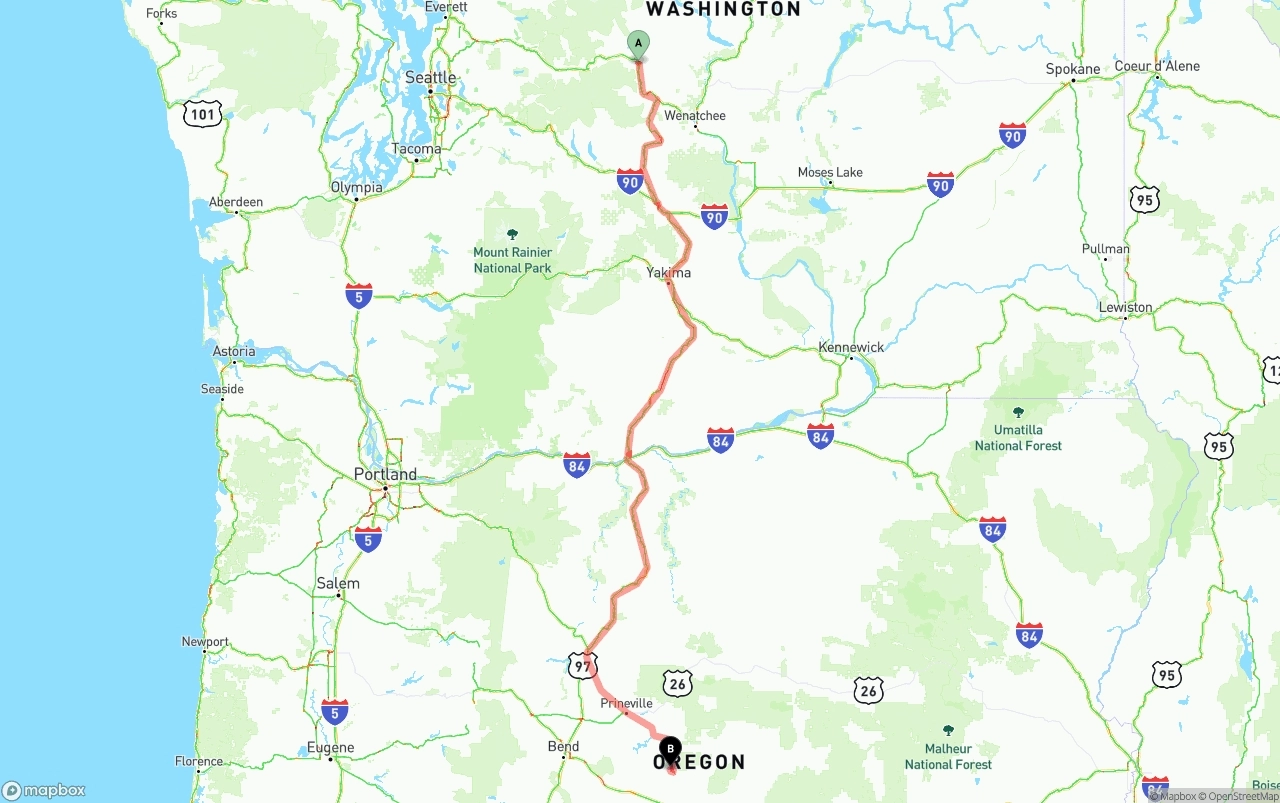 Shipping route from Washington to Oregon