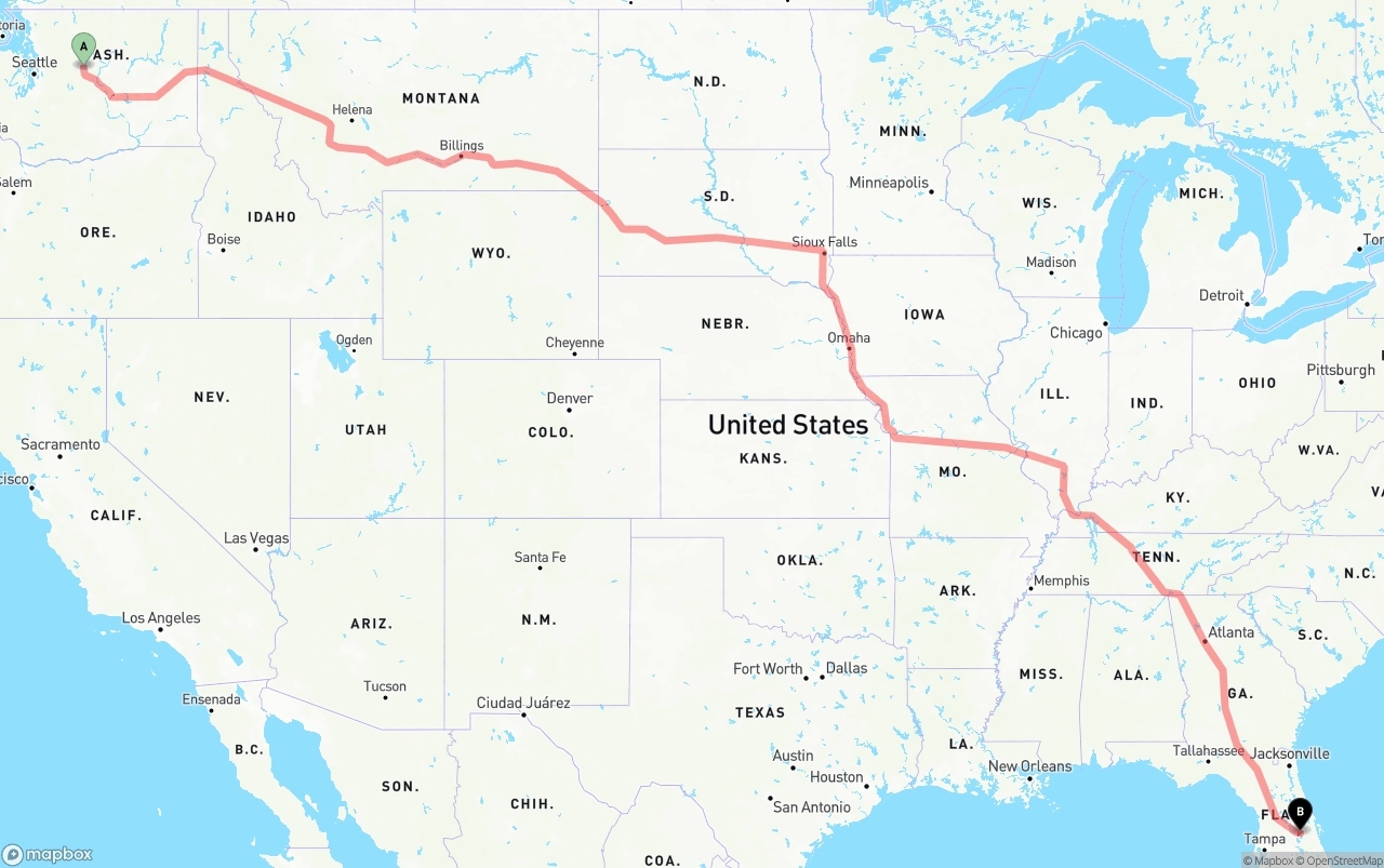 Shipping route from Washington to Orlando International Airport