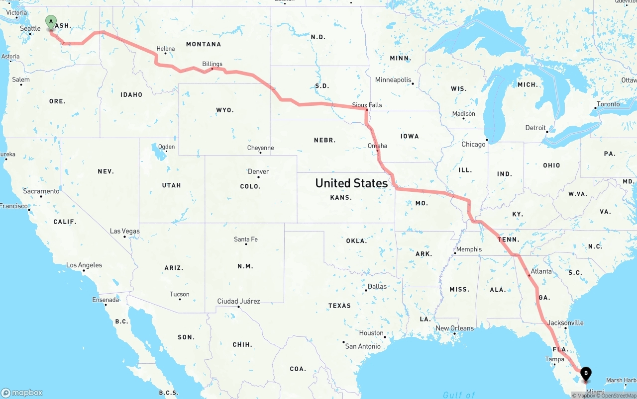 Shipping route from Washington to Palm Beach International Airport