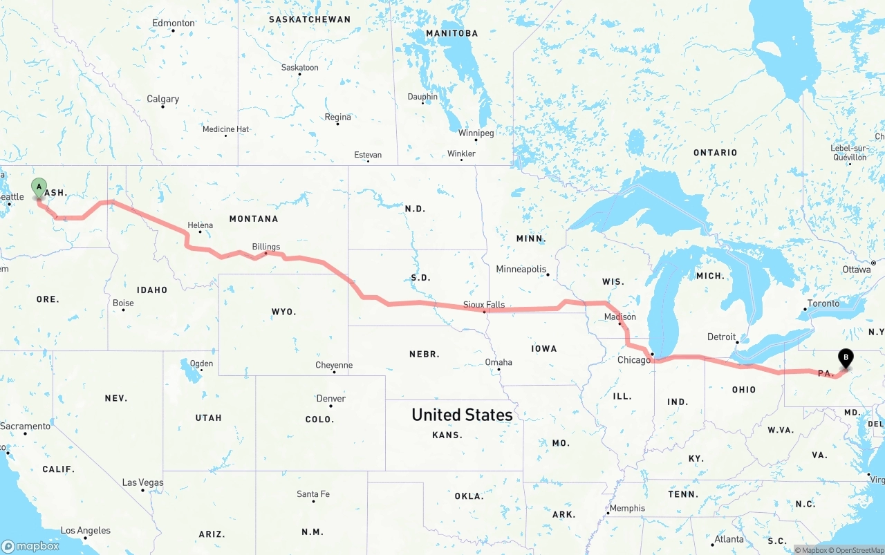 Shipping route from Washington to Pennsylvania