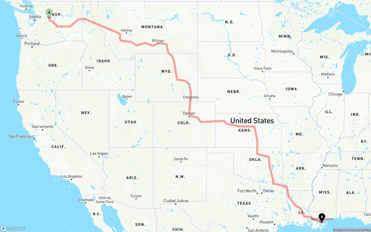 Shipping route from Washington to Port of New Orleans