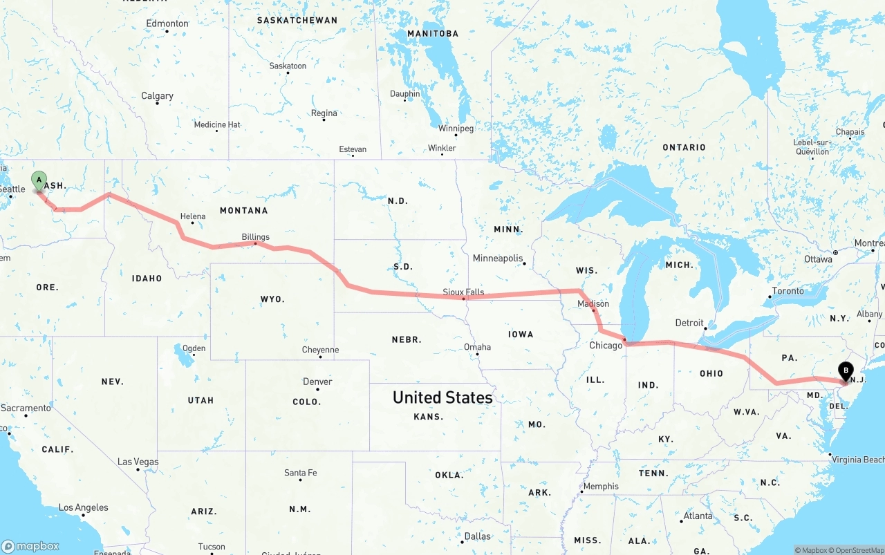 Shipping route from Washington to Port of Philadelphia